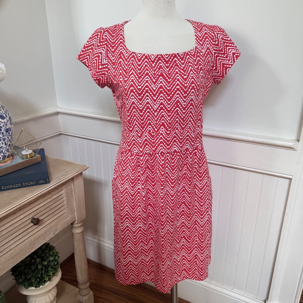 J.McLaughlin Red White Chevron Catalina‎ Cloth Dress Square Neck Pockets M